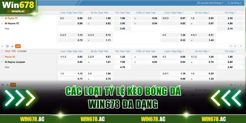Các loại tỷ lệ kèo bóng đá Win678 đa dạng