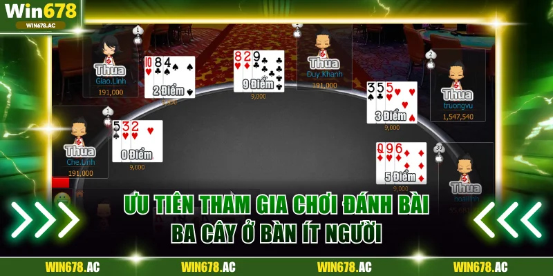 Ưu tiên tham gia chơi đánh bài ba cây ở bàn ít người